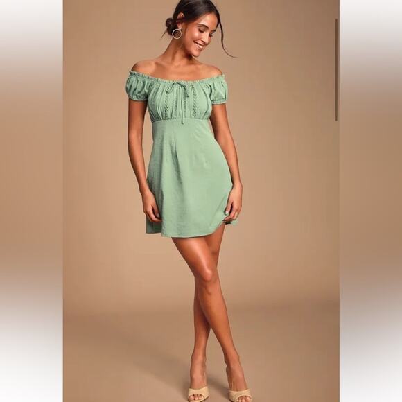 Lulus Wisteria Sage Green Embroidered Off-the-shoulder Mini Dress - Size S - Picture 1 of 6